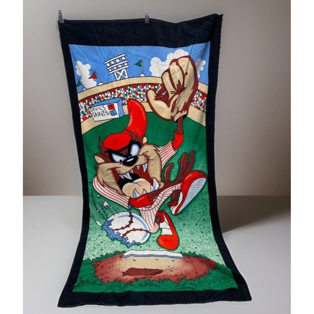 VTG 1992 Looney Tunes Taz Tasmanian Devil Baseball Cotton Terrycloth Beach Towel